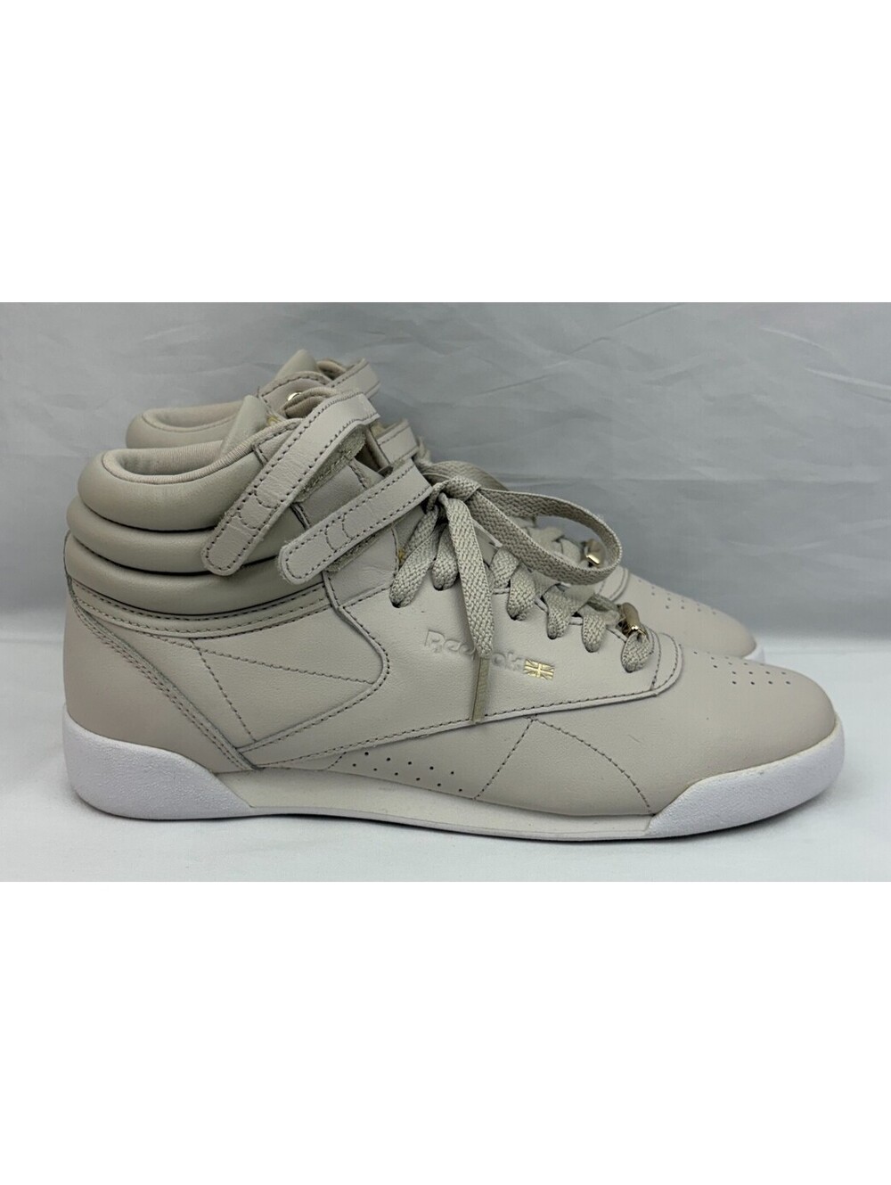 Reebok Freestyle Hi Gray Tan Leather Gold Hardware Women’s Size 6 CN1608